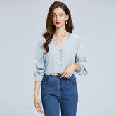 100%  Mulberry Silk Shirts Women Long Sleeve V Neck Silk Blouse